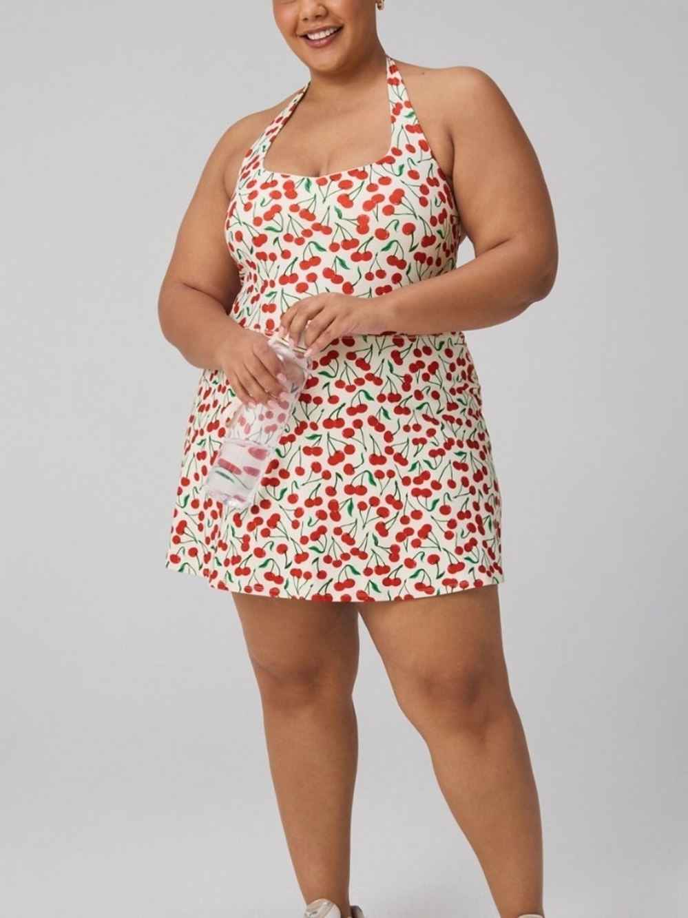 NWT-Fabletics Cherry-Print Halter Mini Dress/Skort -3X-Red/White Phone Pocket